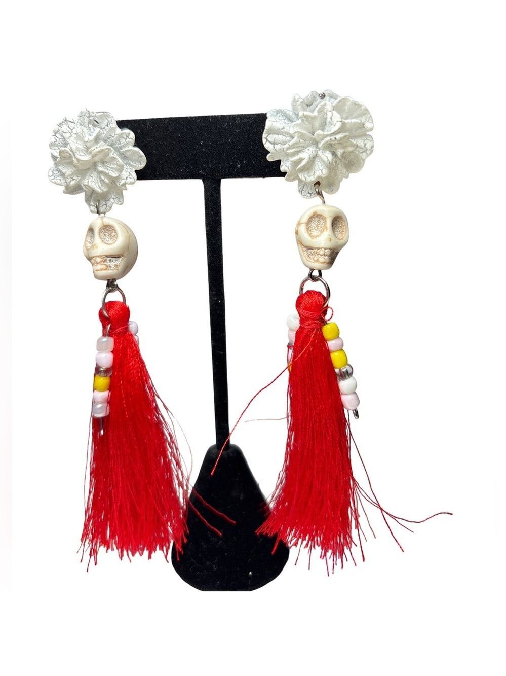 (3 for $12 item)  Earrings Red and White Rose Tassel Pierced Earrings